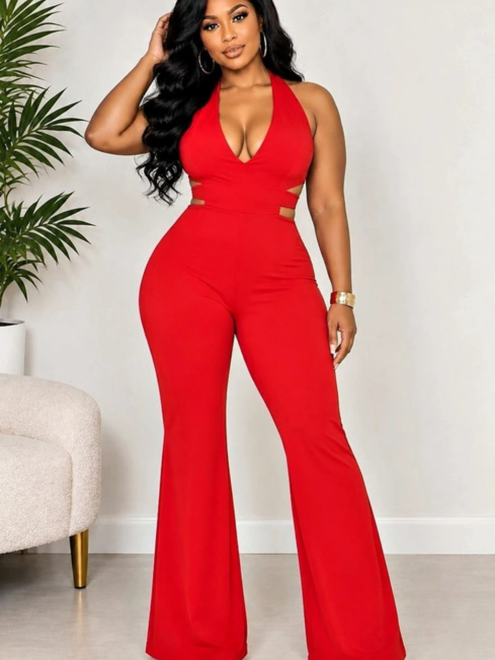 Fashion Nova Tatum Slinky Jumpsuit Red Halter Size XL